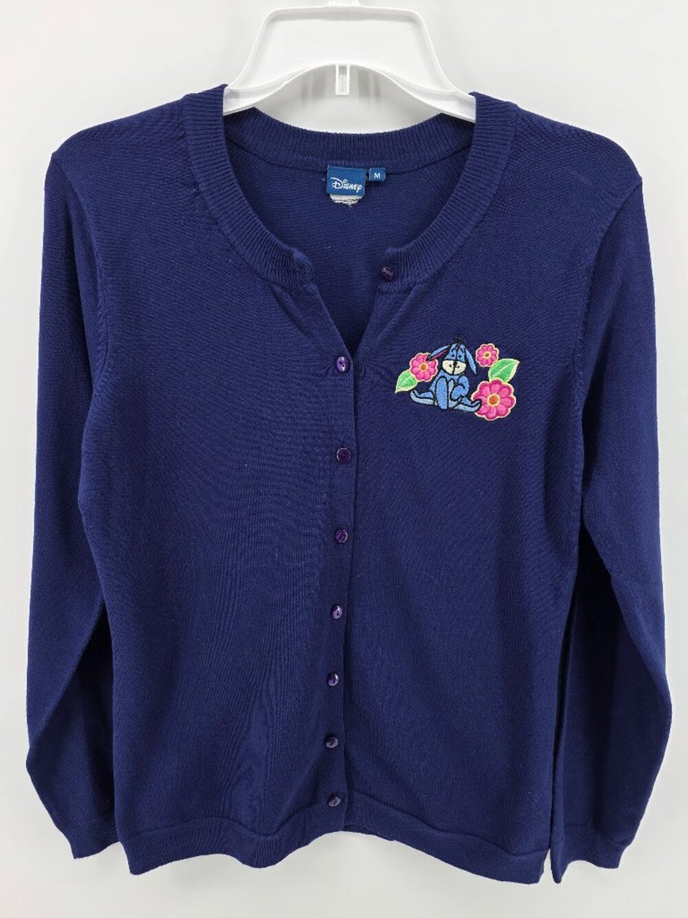 Disney Eeyore Navy‎ Button Cardigan Sweater – Size M – Embroidered Floral